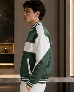 เสื้อแจ็คเก็ตบอมเบอร์สีเขียวขาวสำหรับผู้ชาย ปกคอพับ ติดกระดุม สไตล์สปอร์ต พิมพ์ลายโลโก้ด้านหน้า ผลิตจากโพลีเอสเตอร์ เหมาะสำหรับฤดูใบไม้ร่วง - Product Image 2