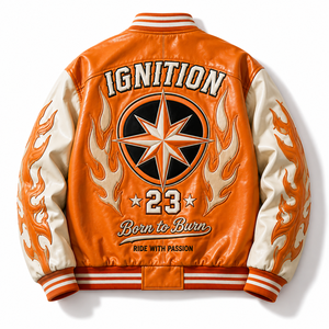 Chaqueta Varsity Personalizada de Cuero PU para Hombre, Marca Shuja Sports, Color Naranja en el Cuerpo y Mangas, Apliques de Llama, Estilo Vintage de Carreras, Béisbol, Bomber - Product Image 2