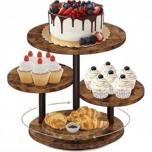 3 Tier <b>Rotating</b> Cake <b>Stand</b> Set Wooden Look Dessert <b>Display</b> Rack Turntable for Bakery Party Table - Product Image 1