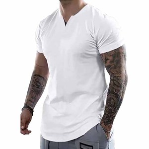 T-shirt en coton blanc pour homme, col en V, manches courtes, coupe ajustée, couleur unie, respirant, jersey tricoté, longueur normale - Product Image 1