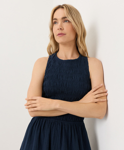 Robe smockée pour femme, longueur midi, de haute qualité, en gaze double biologique, avec col rond et poches - Product Image 1