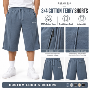 Shorts 3/4 en molleton 100 % coton pour homme, bleu, taille élastique avec cordon de serrage, poches latérales, poche arrière, coupe ample, vente en gros - Product Image 1
