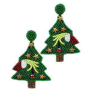 Boucles d'oreilles pendantes de luxe artisanales et écologiques, brodées de perles de rocaille, motif sapin de Noël, bijoux festifs pour fête ou cadeau - Product Image 3