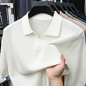 Men's Summer Breathable 100% Cotton <b>Waffle</b> Knitwear Vintage Johnny Collar Short Sleeve Color <b>Blocked</b> for Shirt Slim Fit - Product Image 3
