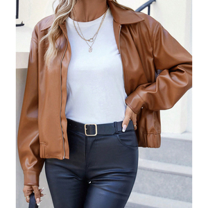 Brown PU Leather Windproof Motorcycle <b>Bomber</b> <b>Jacket</b> Women Full Sleeve Spread Collar Zipper Closure Winter Solid Color Regular - Product Image 1