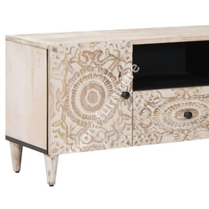 Luxury Handcrafted Solid Wood Entertainment Center Ornate Mandala Carving Whitewash <b>TV</b> Console - Product Image 5