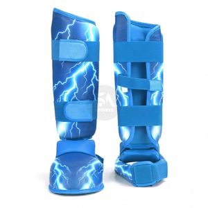<b>Electric</b> Blue Leather/Pu Triple Layer Padded Boxing Shin Guards Printed Muay Thai MMA Kickboxing Sparring <b>Pads</b> Professional Leg - Product Image 1