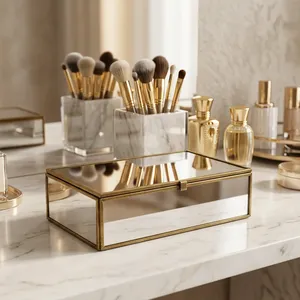 ARTISAN DESIGN Rectangular <b>Glass</b> <b>Jewelry</b> <b>Box</b> with Brass Frame Mirror Surface Storage Organizer Decorative Display Case - Product Image 1
