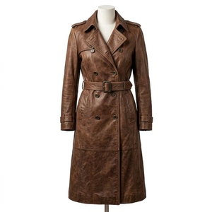 Manteau trench en cuir véritable de qualité supérieure pour femme, classique, à double boutonnage, avec ceinture, marron vintage, vêtement d'extérieur tendance, style personnalisé - Product Image 1