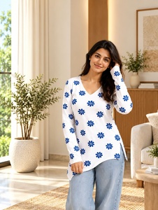<b>V</b>-<b>Neck</b> Floral Print <b>Long</b> <b>Sleeve</b> <b>Top</b> White Blue Embroidered Cotton Casual Loose Fit Asymmetrical Hem Women's Daily Wear - Product Image 1