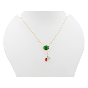 Collier multi-pierres précieuses |   Collier artisanal plaqué or avec quartz émeraude, topaze rose fuchsia et bleue, taille damier, serti clos - Product Image 3