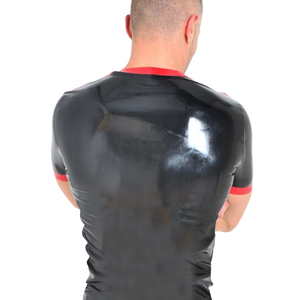 T-shirt pour homme noir brillant à manches courtes, coupe ajustée, col rond, couleur unie, bordure contrastée, style gothique, vêtement décontracté - Product Image 4