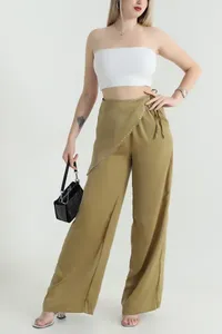 Women's Mid Waist Regular Fit Straight Pants Solid Color Canvas Elastic Waist Beading Detail Winter Casual Full <b>Length</b> 100% ODM - Product Image 4