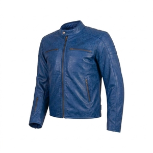 Blouson de moto en cuir véritable pour homme, col montant, fermeture éclair, coupe classique, couleur unie, style motard automne - Product Image 1