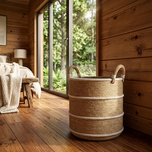 Natural Fiber Storage <b>Baskets</b> Striped Woven Bin Handcrafted Laundry <b>Hamper</b> Balinese Artisan Round Cord Organizer Rustic Home - Product Image 3