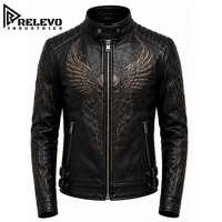 Blouson de motard vintage en cuir noir OEM pour homme, veste tactique style heavy metal rocker avec motif ailes de crâne bronze et matelassé