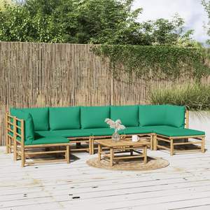 Ensemble de salon de jardin en bambou naturel avec coussins verts - Product Image 1