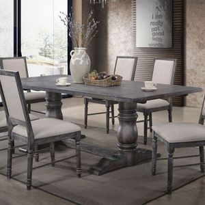 Table à manger rectangulaire gris patiné avec piédestal double tourné - Product Image 2