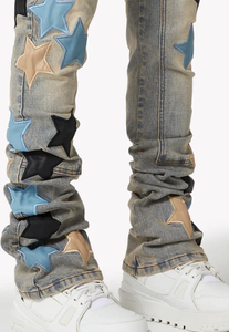 <b>Men's</b> Star Applique Distressed Breathable Customizable <b>Jogger</b> Pants Mid Waist Button Fly Street Style Unisex <b>Denim</b> - Product Image 5
