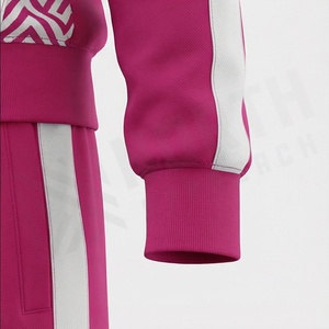 Unisex Hooded <b>Tracksuit</b> Full Zip Geometric Print Sporty Design <b>Pink</b> White Polyester Autumn Wear Adults Regular Fit Side Pockets - Product Image 6