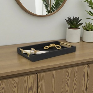 <b>Black</b> Rectangle Leather Storage <b>Tray</b> With Gold Handles Minimalist Design For Living Room Drink And Food <b>Serving</b> - Product Image 4