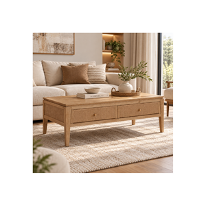Solid Oak Wood Coffee <b>Table</b> <b>With</b> 2 <b>Drawers</b> And Tapered Legs For Contemporary Furniture OEM Service - Product Image 1