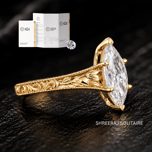 Bague de fiançailles en diamant de taille marquise cultivé en laboratoire certifié IGI, gravée à la main, motif floral vintage, solitaire en or, bijoux personnalisés - Product Image 3