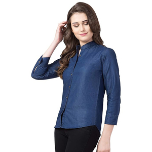Chemise en jean à col montant 100 % coton biologique pour femme, coupe ajustée, manches courtes, idéale pour l'été et le bureau - Product Image 3