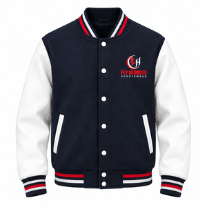 Veste universitaire pour homme Fly Humble, bleu marine et blanc, style preppy, logo brodé, coupe classique, vêtement d'hiver, col rond, fermeture à boutons - Product Image 1