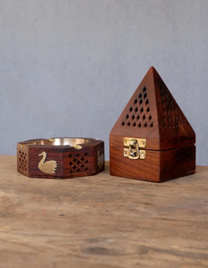 Ensemble brûle-encens et cendrier vintage en laiton et bois, décoration de temple - Product Image 3