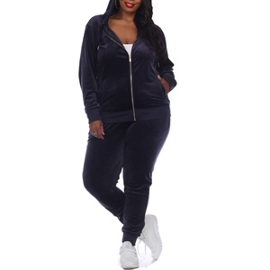 Conjunto Deportivo de Terciopelo Azul Marino para Mujer, Talla Grande, con Capucha, Pantalones Largos de Color Sólido, Casuales, con Bolsillos Laterales y Cierre de Cremallera, para Otoño - Product Image 2