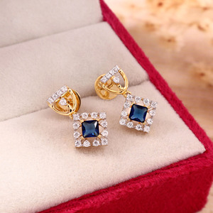 Laxmi 14k solid Gold Zircon Drop Earrings Emerald Cut Blue <b>Stone</b> Geometric Dangle for Women Religious Ceremonies Gift Jewelry - Product Image 2