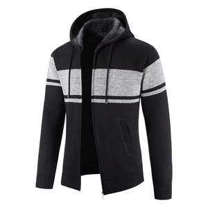 Hot Sale Men's Winter Hooded <b>Cardigan</b> Jacket with Zipper Closure <b>Thick</b> Velvet Fabric Anti-shrink Feature Striped Mandarin Collar - Product Image 4