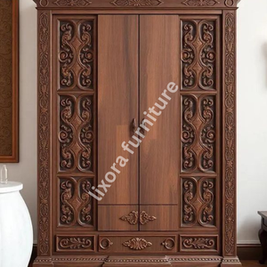 Luxury Handcrafted Solid Wood 2 Door <b>Wardrobe</b> Ornate Scrollwork Carving Premium Finish Armoire - Product Image 3