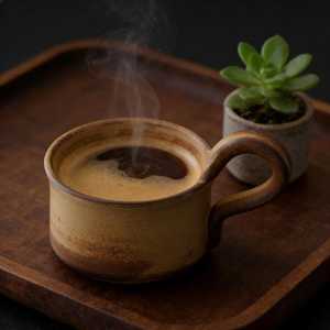 Taza de café de cerámica pequeña hecha a mano con forma irregular y platillo, diseño de cerámica, fabricada por Universal Overseas INDIA. - Product Image 1