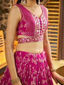 Bollywood <b>Bride</b> Floor-Length A-Line Wedding <b>Gown</b> Faux Georgette Embroidered Lehenga Set Sleeveless Dupatta Party Outfit - Product Image 2