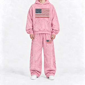 Conjunto de Sudadera con Capucha y Pantalones Deportivos con Estampado de Bandera Americana Rosa, con Perlas, Estilo Urbano, Unisex, para Adultos, Otoño, Manga Larga, Corte Holgado, Pantalones Deportivos de Algodón - Product Image 1