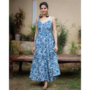 Robe en coton bleu à imprimé floral, col en V, en mousseline respirante, coupe trapèze avec taille naturelle, taille XS - Product Image 4