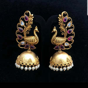Peacock Matte Elegant Gold Plated Pearl Drop Hoop Earrings - Product Image 1