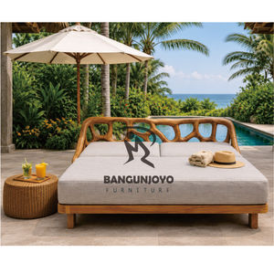 Chaise longue d'extérieur en bois avec dossier séparé et fonction d'inclinaison, coussin gris, style tropical, mobilier de bord de piscine - Product Image 3