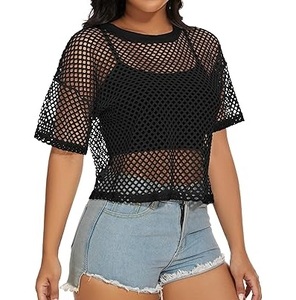 Camiseta de malla de manga larga con cuello redondo para mujer, colores personalizables, transpirable, transparente, ajuste sexy, camisetas de malla de red. - Product Image 4