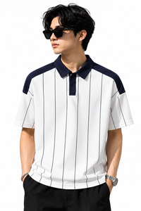 Polo a rayas verticales blancas y azul marino para hombre – Camiseta de manga corta informal para golf y sudaderas con capucha para hombre - Product Image 2