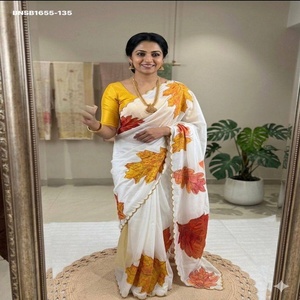 Magnifique Saree en Soie Tissée à Motif Feuilles Épaissies avec Broderie Perles et Bordures Découpées - Blouse en Soie Jaune pour Femme Tendance - Product Image 1