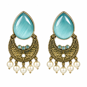 Oxidized <b>Silver</b> Flower Drop Earrings | Antique Gold Boho Dangle Earrings for Women | Ethnic Wedding Jewelry Two-Tone Blue - Product Image 1