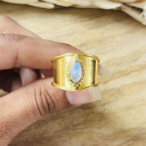 Fashionable Boho Bohemian Wedding <b>Statement</b> <b>Rings</b> Tribal Brass Jewelry Women 18k Gold Plated Wide Moonstone Band Wholesale OEM - Product Image 4