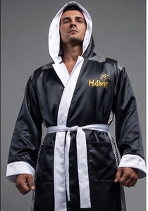 HAWK SPORTS INDUSTRIES Plavok Robe de boxe noire et blanche en satin polyester durable, confortable pour l'entraînement en arts martiaux, toutes saisons - Product Image 6