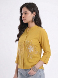 Vestido Casual de Verano con Cuello Mandarín Bordado Floral, Transpirable, con Lazos Tejidos, 100% Poliéster - Product Image 2