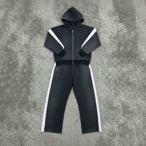 Wholesale Zipper Style Vintage Acid Wash Men's Tracksuits Oversized 100% Cotton Fabric Solid Pattern Hoodies and <b>Sweatpants</b> <b>Sets</b> - Product Image 3