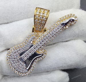 Pendentif Guitare en Argent Sterling 925 avec Moissanite, Breloques Plaqué Or 14K, Coupe Ronde Brillante, Bijoux Hip Hop - Product Image 5