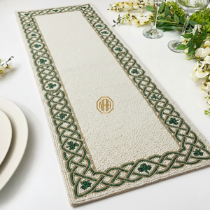 Ivory Beaded Modern Floral Embroidered <b>Table</b> <b>Runner</b> Shamrock Border Handmade Green Gold <b>Table</b> Linen Wholesale OEM ODM - Product Image 1